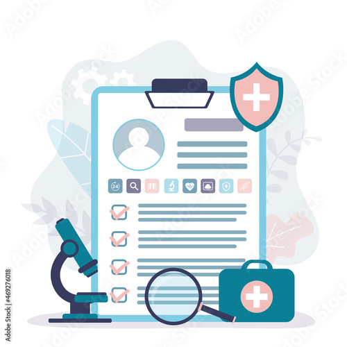 Report on results of complete examination of patient. Clipboard with personal information