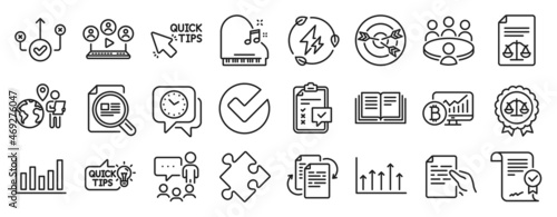 Set of Education icons, such as Meeting, Column chart, Justice scales icons. Legal documents, Green electricity, Correct way signs. Video conference, Outsource work, Approved agreement. Vector