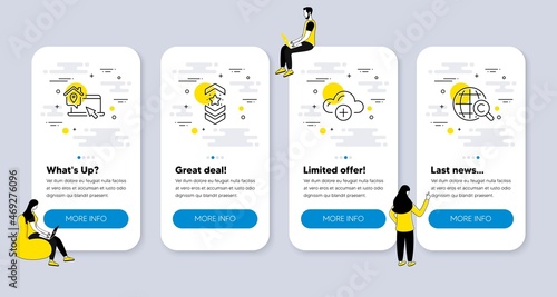 Vector Set of Education icons related to Work home, Cloud computing and Shoulder strap icons. UI phone app screens with people. International Ð¡opyright line symbols. Vector