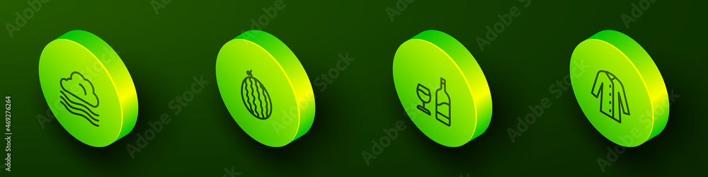 Set Isometric line Windy weather, Watermelon, Wine bottle with glass and Raincoat icon. Vector Set Isometric line Windy weather, Watermelon, Wine bottle with glass and Raincoat icon. Vector