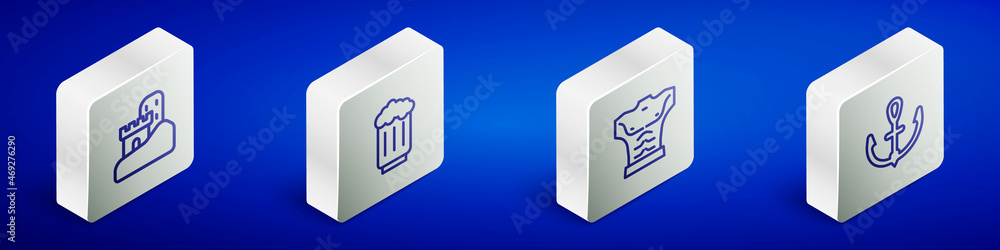 Set Isometric line Sand castle, Wooden beer mug, Bodybuilder muscle and Anchor icon. Vector Set Isometric line Sand castle, Wooden beer mug, Bodybuilder muscle and Anchor icon. Vector