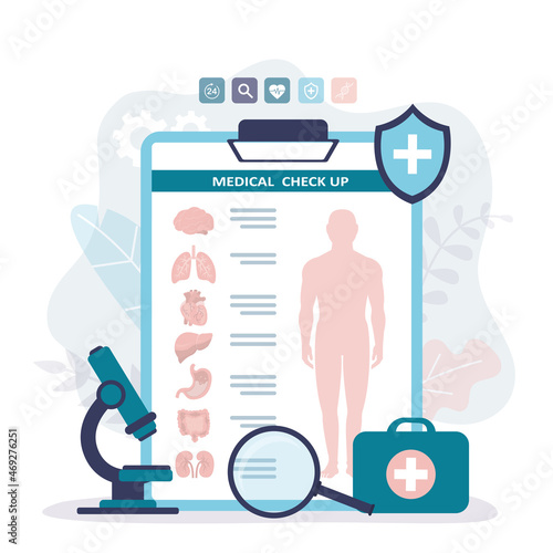 Internal organs diagnostic report. Clipboard with patient test results. Various instruments for examinations