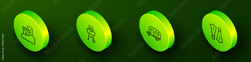 Set Isometric line Sand castle, Barbecue grill, Rv Camping trailer and Rubber flippers for swimming icon. Vector Set Isometric line Sand castle, Barbecue grill, Rv Camping trailer and Rubber flippers for swimming icon. Vector