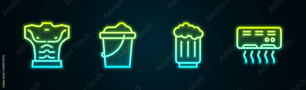 Set line Bodybuilder muscle, Sand in bucket, Wooden beer mug and Air conditioner. Glowing neon icon. Vector