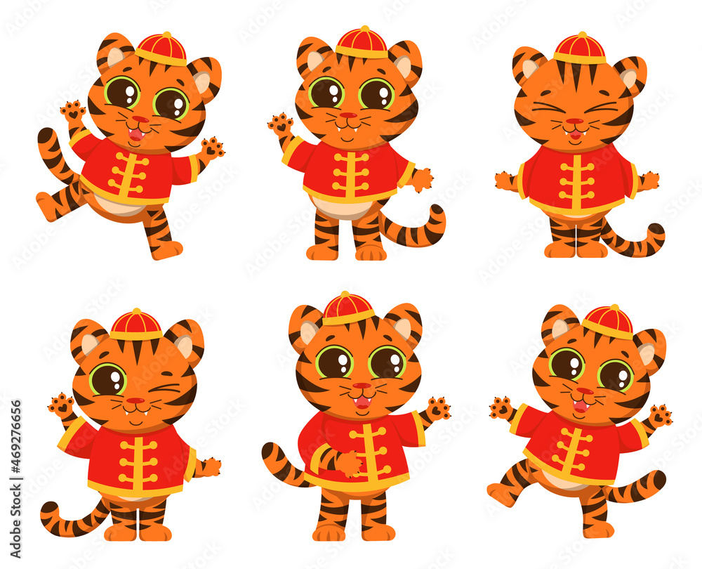 Tigers in the national Chinese costume. Set