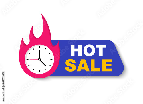 Hot Sale banner. Special and limited offer. Sale countdown badge. Promo sticker with stopwatch and fire. Vector illustration.
