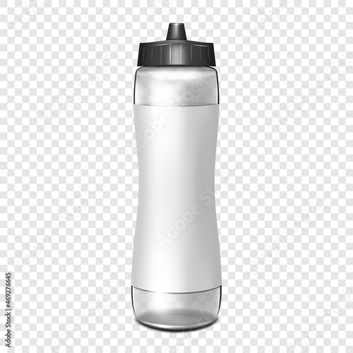 Clear water bottle with blank white label on transparent background. Vector mockup. Empty fitness sport flask mock-up