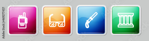 Set line Walkie talkie, Safety goggle glasses, Police rubber baton and Prison window. Colorful square button. Vector