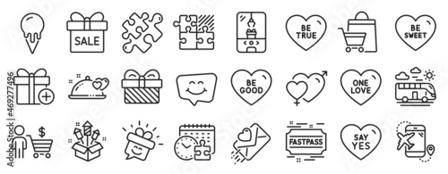 Set of Holidays icons, such as Gift, Smile chat, Puzzle game icons. Fireworks rocket, Romantic dinner, Bus travel signs. Fastpass, Flight destination, Puzzle. Be true, Be good, One love. Vector