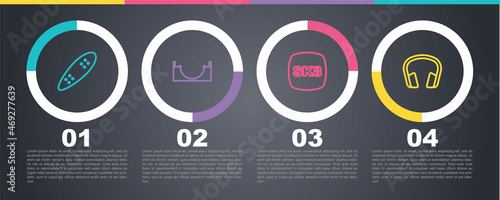 Set line Longboard or skateboard, Skate park, Skateboard and Headphones. Business infographic template. Vector