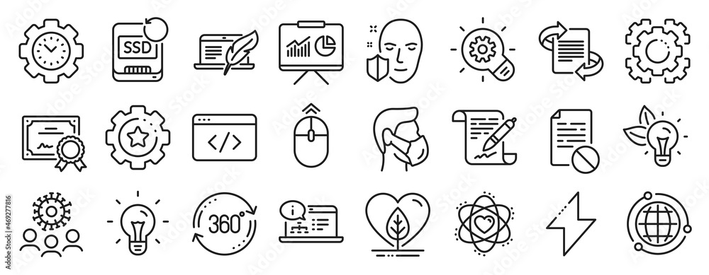 Set of Science icons, such as Eco energy, Local grown, Idea icons. Time management, Medical mask, Recovery ssd signs. Wrong file, Presentation, Settings gear. Online documentation, Energy. Vector