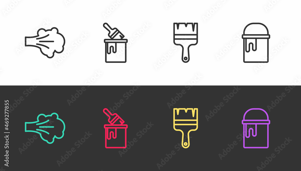 Set line Paint spray, bucket with brush, and on black and white. Vector Set line Paint spray, bucket with brush, and on black and white. Vector