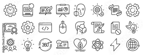 Set of Science icons  such as Eco energy  Local grown  Idea icons. Time management  Medical mask  Recovery ssd signs. Wrong file  Presentation  Settings gear. Online documentation  Energy. Vector