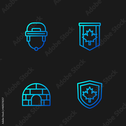 Set line Canada flag on shield, Igloo ice house, Hockey helmet and Pennant of. Gradient color icons. Vector
