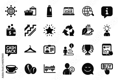 Vector Set of simple icons related to Coffee beans, Espresso and Web analytics icons. Smile, Mint tea and Gifts signs. Cloakroom, Rank star and Internet report. Education, Column diagram. Vector