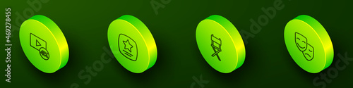 Set Isometric line Screen tv with 4k, Walk of fame star, Director movie chair and Comedy and tragedy masks icon. Vector