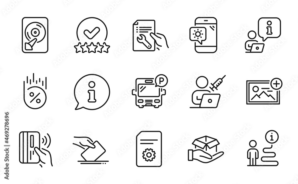 Technology icons set. Included icon as Loan percent, Voting ballot, Repair document signs. Weather phone, Vaccination appointment, Add photo symbols. File settings, Bus parking, Hold box. Vector Technology icons set. Included icon as Loan percent, Voting ballot, Repair document signs. Weather phone, Vaccination appointment, Add photo symbols. File settings, Bus parking, Hold box. Vector
