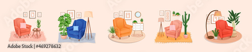 Set of cute interiors with an chair. Cute interior with modern furniture and plants. Living room interior. Vector flat style illustration. Trendy scandinavian hygge apartment. Collection.