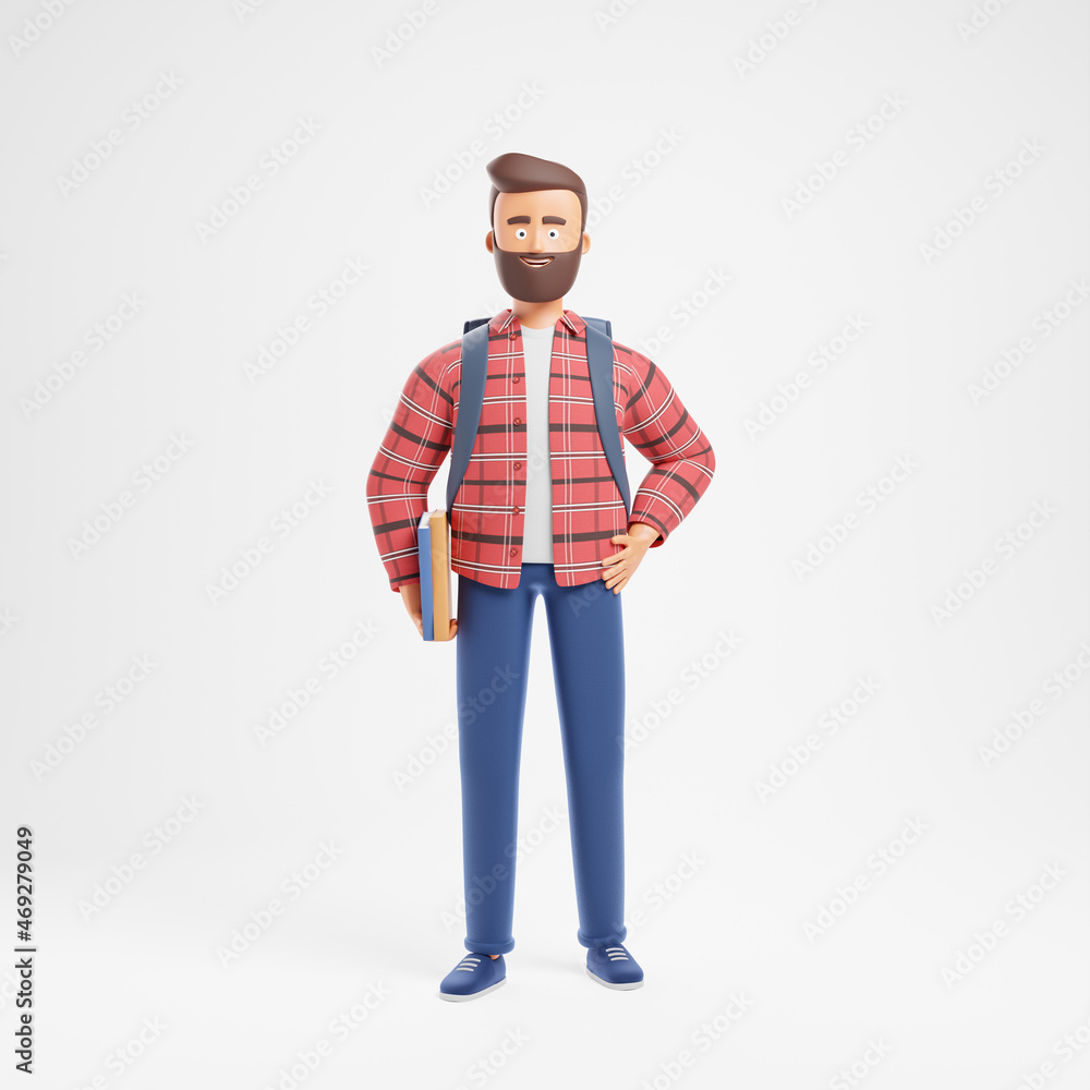 Happy cartoon beard character student in red checkered shirt with backpack and books stand isolated over white background. Happy cartoon beard character student in red checkered shirt with backpack and books stand isolated over white background.