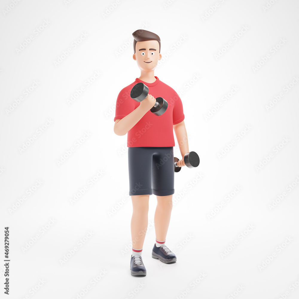 Handsome cartoon fit character man in red t-shirt make exercise with dumbbell isolated over white background. Handsome cartoon fit character man in red t-shirt make exercise with dumbbell isolated over white background.