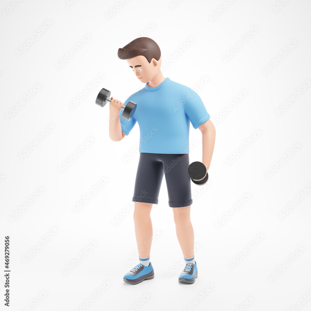 Handsome cartoon character man does dumbbell biceps exercise isolated over white background. Handsome cartoon character man does dumbbell biceps exercise isolated over white background.