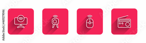 Set line Smart Tv system, Web camera, Wireless computer mouse and Radio with long shadow. Red square button. Vector