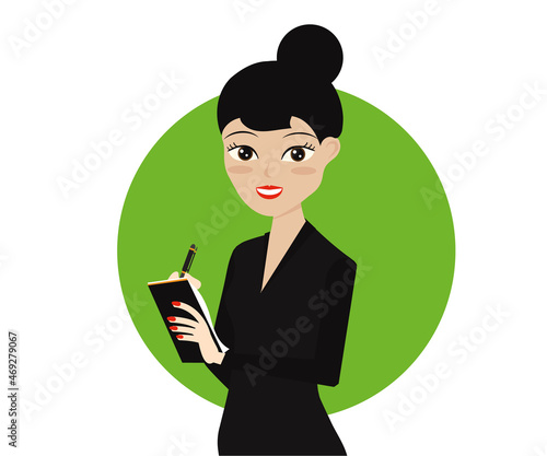 Young woman writes in a notebook. Vector illustration.