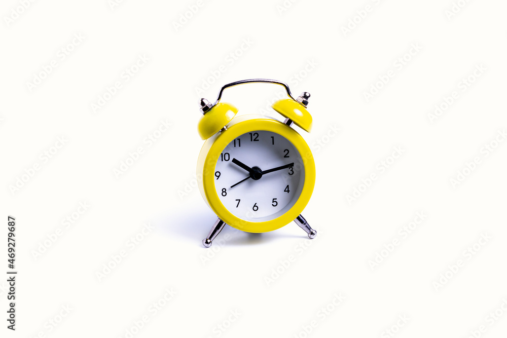 isolate, yellow alarm clock on white background, close-up isolate, yellow alarm clock on white background, close-up