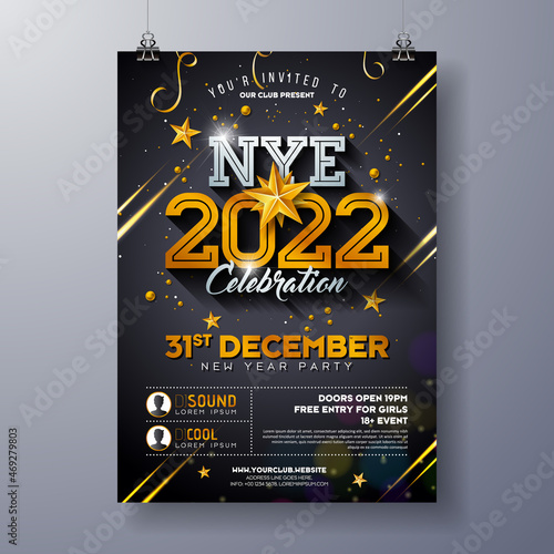 2020 New Year Party Celebration Poster Template Illustration with Shiny Gold Number on Black Background. Vector Holiday Premium Invitation Flyer or Promo Banner.