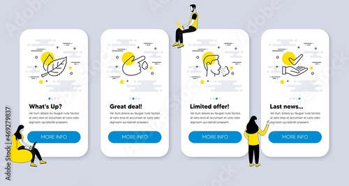 Vector Set of Healthcare icons related to Leaf, Cough and Blood donation icons. UI phone app screens with people. Dermatologically tested line symbols. Vector