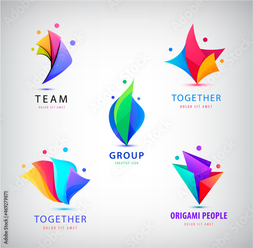 Vector set of men group logo, human, family, teamwork icon. Community, people sign in modern origami style. Colorful.