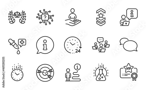 Education icons set. Included icon as Targeting, Artificial intelligence, Shoulder strap signs. Teamwork, 24 hours, Chemistry pipette symbols. Time, Vip certificate, Recruitment. Messenger. Vector
