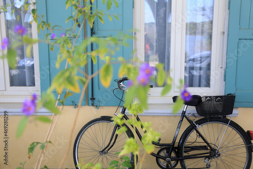 color windows with bicycle and flowers