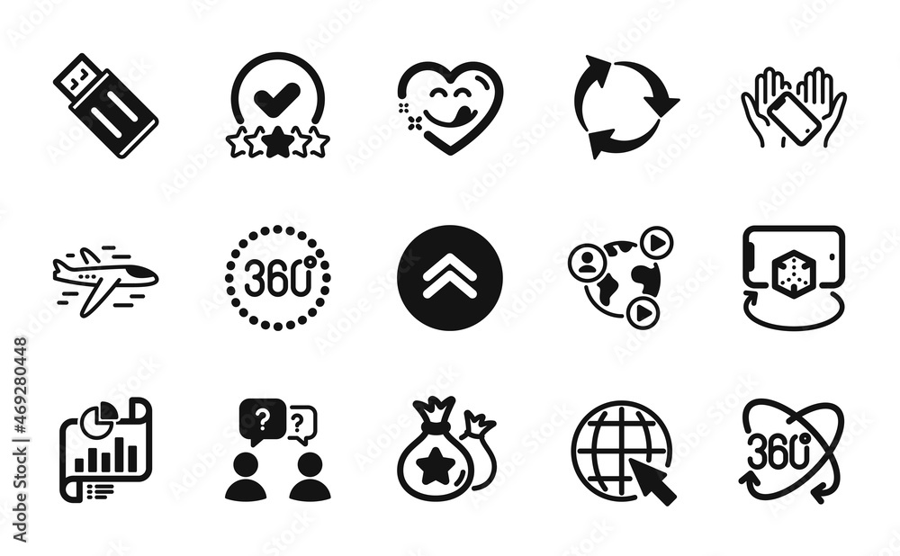 Vector set of Smartphone holding, Swipe up and Internet icons simple set. Recycle, Report document and Teamwork questions icons. Yummy smile, 360 degrees and Rating stars signs. Vector Vector set of Smartphone holding, Swipe up and Internet icons simple set. Recycle, Report document and Teamwork questions icons. Yummy smile, 360 degrees and Rating stars signs. Vector