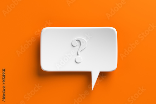 Social media notification icon, white bubble speech with question mark on orange background. 3D rendering