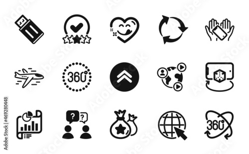 Vector set of Smartphone holding  Swipe up and Internet icons simple set. Recycle  Report document and Teamwork questions icons. Yummy smile  360 degrees and Rating stars signs. Vector