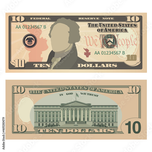 Ten dollar bill, 10 US dollars banknote, from obverse and reverse. Simplified vector illustration of USD isolated on a white background