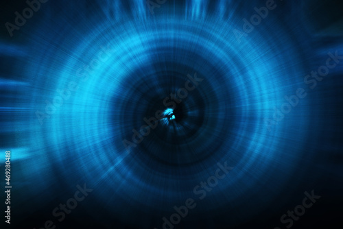 Blue abstract background with spiral pattern. Galaxies with stars and planets with circular motifs in deep blue lines of the universe night light space. No render.