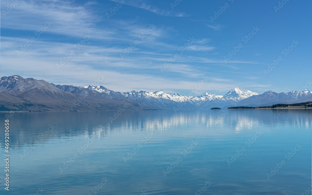 Southern Alps reflection in the blue waters of Lake Pukaki