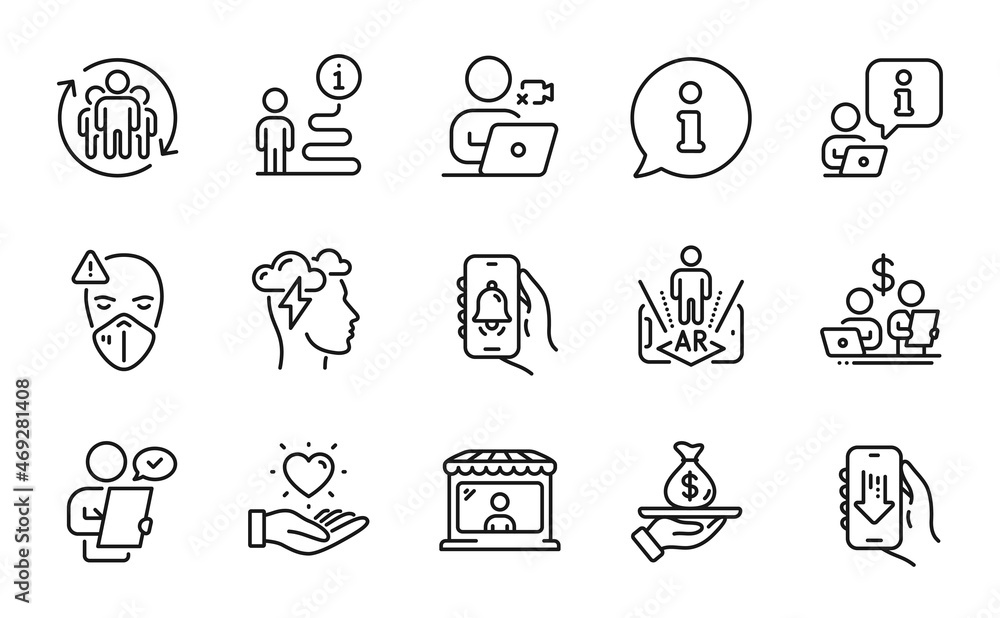 People icons set. Included icon as Download app, Hold heart, Loan signs. Bell alert, Mindfulness stress, Teamwork symbols. Medical mask, Budget accounting, Augmented reality. Market seller. Vector