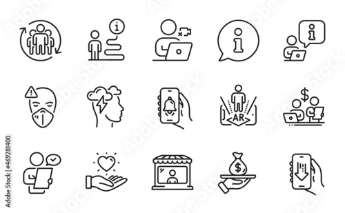 People icons set. Included icon as Download app, Hold heart, Loan signs. Bell alert, Mindfulness stress, Teamwork symbols. Medical mask, Budget accounting, Augmented reality. Market seller. Vector