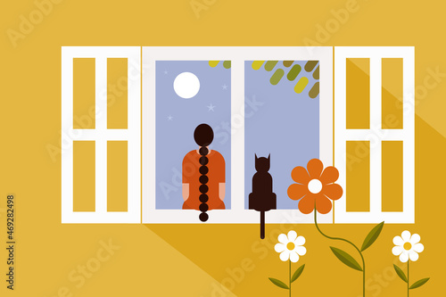 Illustration of a little girl and her cat sitting on the window and looking out