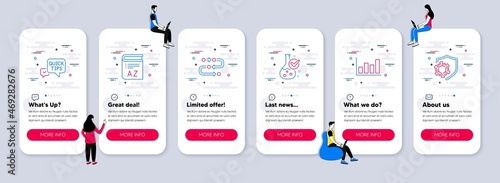 Vector Set of Science icons related to Quick tips, Report diagram and Chemistry lab icons. UI phone app screens with teamwork. Methodology, Vocabulary and Coronavirus line symbols. Vector