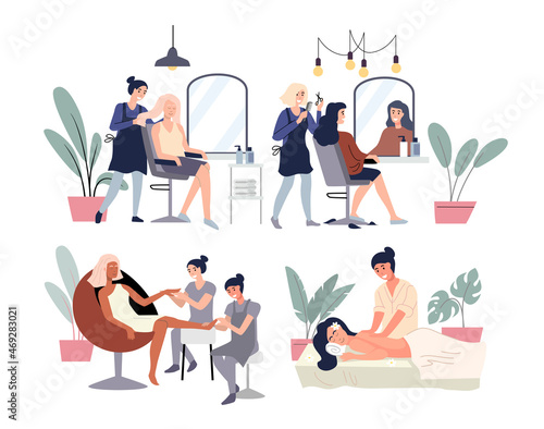 Woman in a beauty salon vector set. Massage, manicure and pedicure. Hairdresser parlor