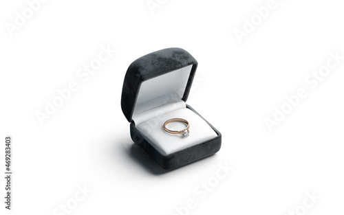 Blank black box with gold diamond ring lying mockup, isolated photo