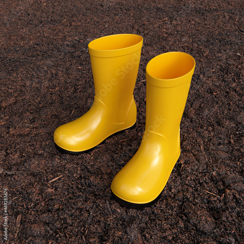 Yellow rubber boots standing in the mud, 3d render