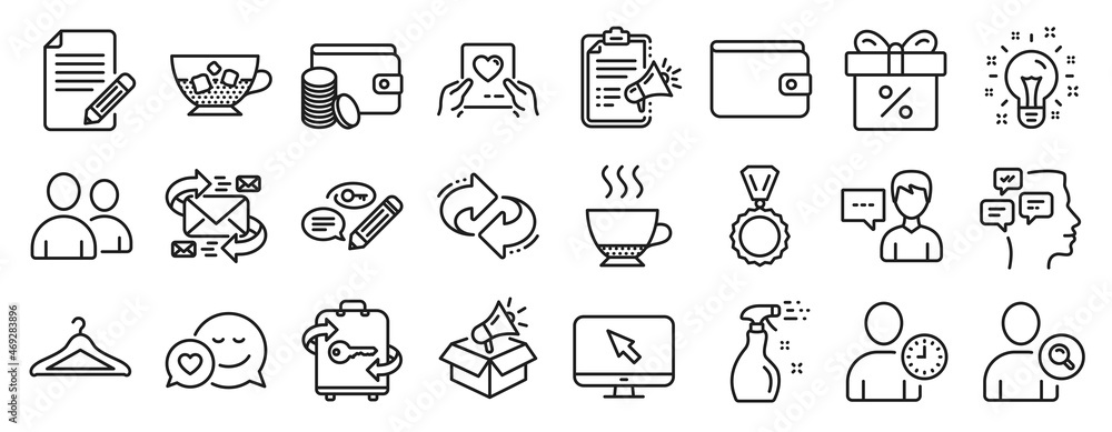Set of line icons, such as Refresh, Payment method, Luggage icons. Find user, Cloakroom, Cold coffee signs. Medal, E-mail, Idea. Money wallet, Love mail, Time management. Espresso, Article. Vector