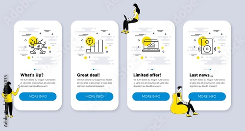Set of Education icons, such as Graph chart, Teamwork, Online statistics icons. UI phone app screens with people. Speakers line symbols. Growth report, Networking, Computer data. Sound. Vector