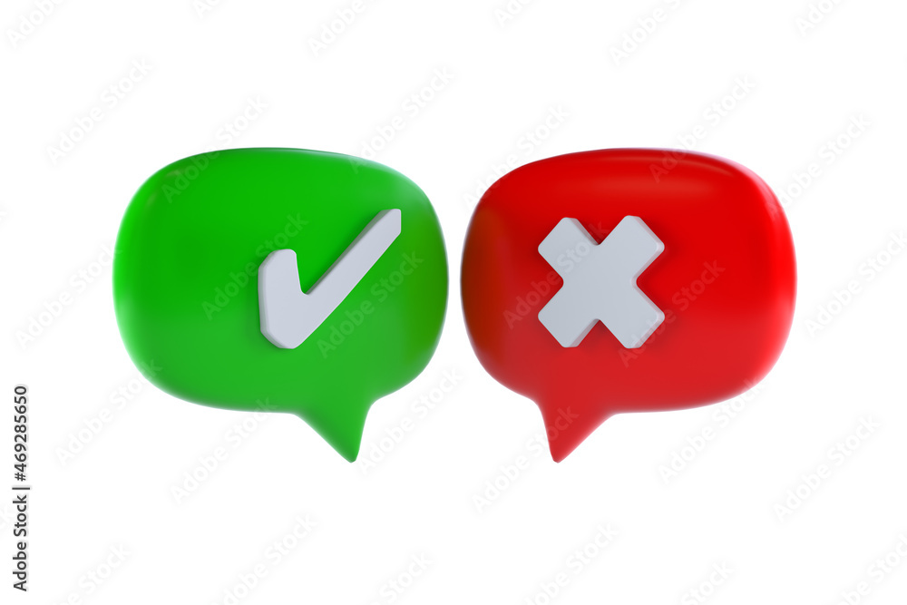 Isolated of Right and wrong icon inside bubble message on white background of green check mark and cross mark by 3d rendering. Isolated of Right and wrong icon inside bubble message on white background of green check mark and cross mark by 3d rendering.