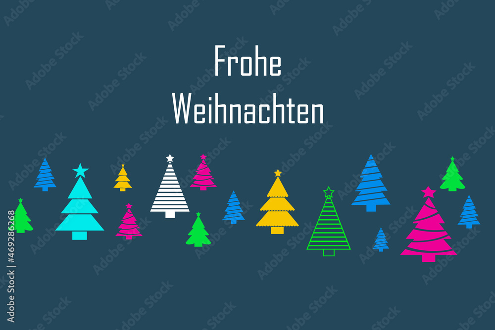 Banner oder Karte mit Frohe Weihnachten und einige bunten Weihnachtsbäumen